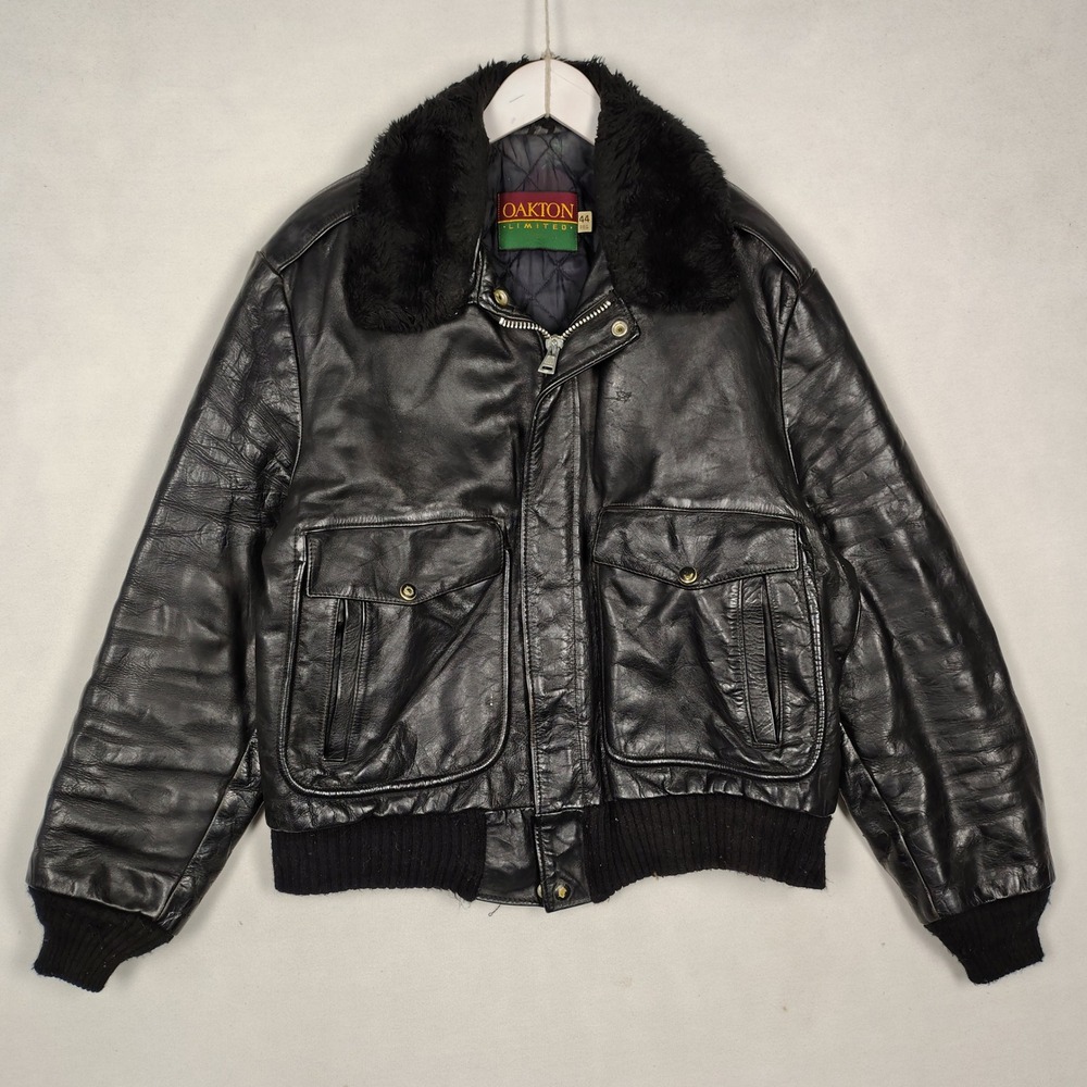 Oakton Limited Vintage Black Leather Flight Bomber Jacket Faux Fur Collar 44 Reg